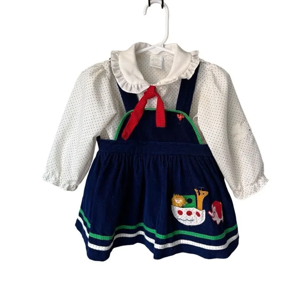 Vintage Baby Girl Navy Blue Corduroy Jumper/Dress & Polka Dot Collard Blouse